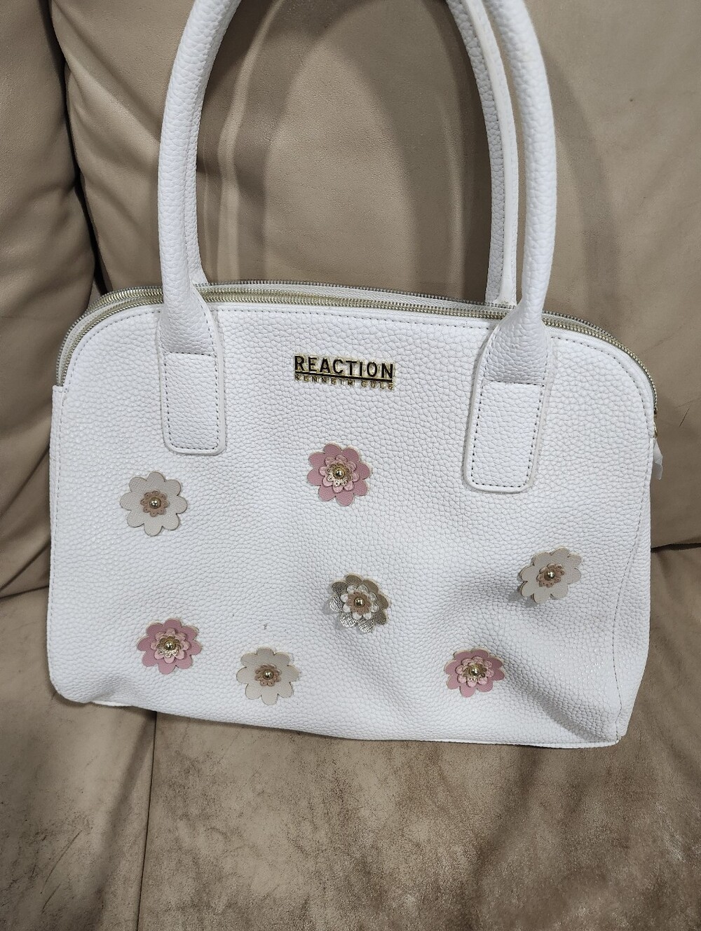 Kenneth Cole Reaction White Satchel with Pink & Cream Floral Rosette Accents